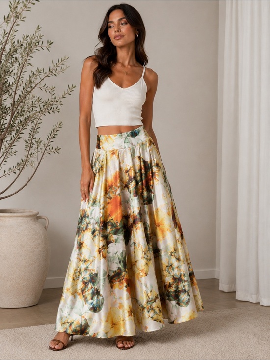 Dresses & Skirts - Floral A-Line Maxi Skirt in Yellow and Green
